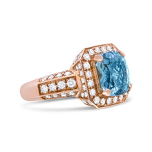 Load image into Gallery viewer, 18K Rose Gold 10x10mm Cushion Shaped Aquamarine and 1 1/8 Cttw Round Diamond Halo Ring (F-G Color, VS1-VS2 Clarity) - Ring Size 6.5