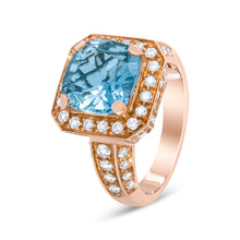 Load image into Gallery viewer, 18K Rose Gold 10x10mm Cushion Shaped Aquamarine and 1 1/8 Cttw Round Diamond Halo Ring (F-G Color, VS1-VS2 Clarity) - Ring Size 6.5