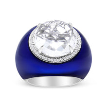 Load image into Gallery viewer, 18K White Gold 14mm White Quartz and 1/5 Cttw Diamond Halo with Blue Enamel Dome Ring (F-G Color, VS1-VS2 Clarity) - Ring Size 7
