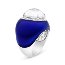 Load image into Gallery viewer, 18K White Gold 14mm White Quartz and 1/5 Cttw Diamond Halo with Blue Enamel Dome Ring (F-G Color, VS1-VS2 Clarity) - Ring Size 7