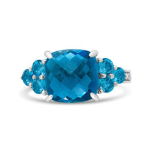 Load image into Gallery viewer, 18K White Gold 10mm Cushion Shaped Blue Topaz and 1/6 Cttw Diamond 3 Stone Style Ring (F-G Color, VS1-VS2 Clarity) - Ring Size 6.5