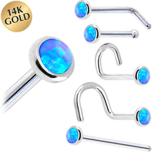 Load image into Gallery viewer, Solid 14K White Gold 2mm Blue Synthetic Opal Nose Ring
