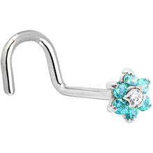 Load image into Gallery viewer, Solid 14K White Gold Mint Green and Clear Cubic Zirconia Flower Nose Ring