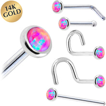 Load image into Gallery viewer, Solid 14K White Gold 2mm Fuchsia Synthetic Opal Nose Ring