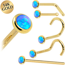 Load image into Gallery viewer, Solid 14K Yellow Gold 2mm Blue Synthetic Opal Nose Ring