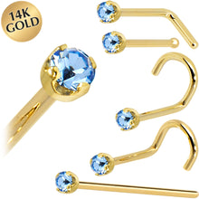 Load image into Gallery viewer, Solid 14K Yellow Gold 2mm Light Blue Cubic Zirconia Nose Ring