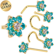 Load image into Gallery viewer, Solid 14K Yellow Gold Mint Green and Clear Cubic Zirconia Flower Nose Ring