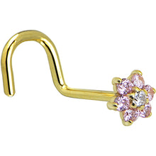 Load image into Gallery viewer, Solid 14K Yellow Gold Pink and Clear Cubic Zirconia Flower Nose Ring