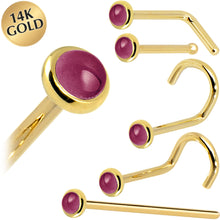 Load image into Gallery viewer, Solid 14K Yellow Gold 2mm Genuine Raspberry Rhodolite Garnet Nose Ring