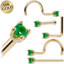 Load image into Gallery viewer, Solid 18K Yellow Gold 1.5mm Genuine Emerald Nose Ring