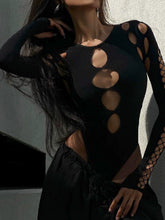 Load image into Gallery viewer, American Style round Neck Multi-Hollow Design Black Jumpsuit Women's Summer Ins Hot Girl Niche Slim Fit Slimming Long Sleeves Top