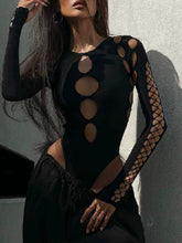 Load image into Gallery viewer, American Style round Neck Multi-Hollow Design Black Jumpsuit Women's Summer Ins Hot Girl Niche Slim Fit Slimming Long Sleeves Top