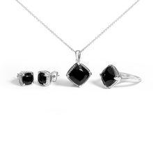 Load image into Gallery viewer, Sterling Silver Cushion Onyx 3-Piece Jewelry Set Ring Earrings Pendant 18 Inch Cable Chain