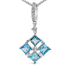 Load image into Gallery viewer, Sterling Silver Blue Topaz and White Sapphire Square Motif Pendant Necklace 18 Inch