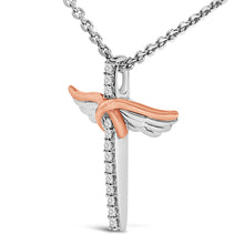 Load image into Gallery viewer, 14K Rose Gold Plated Sterling Silver 1/5 Cttw Diamond Wing Cross Pendant Necklace