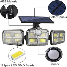 Load image into Gallery viewer, 4-Head Outdoor Solar Motion Sensor Light – 122 LED Floodlight, 3000 Lumens, 270° Wide-Angle IP65 Waterproof Security Lamp