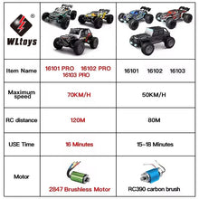 Load image into Gallery viewer, 1:16 70KM/H Or 50KM/H 4WD RC Car With LED Remote Control Cars High Speed Drift Monster 4x4 Truck for Kids vs Wltoys 144001 Toys