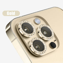 Load image into Gallery viewer, Glitter Diamond Rhinestones Metal Ring Camera Tempered Glass For iPhone 11 12 13 14 Pro Max Mini Plus Lens Protector Full Cover 9H Tempered Glass Camera Lens Protector Metal Single Ring Full Coverage Camera Lens Protector