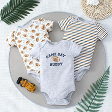 Load image into Gallery viewer, 3PCS Baby Bodysuit Set for Boys | Summer Short Sleeve Cotton Romper with Cartoon Dinosaur & Stripe Designs