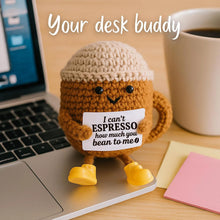 Load image into Gallery viewer, Funny Crochet Emotional Support Coffee Doll With Card Desktop Ornament Handmade Knitted Coffee Dolls Christmas Gifts Home Decor