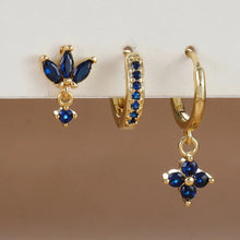 Load image into Gallery viewer, 3PCS Zircon Flower Dangle Earrings – Orange & Blue Stainless Steel Set