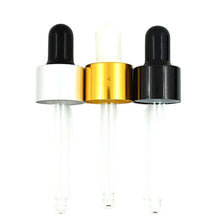 Load image into Gallery viewer, 18-410 glass dropper black/white ribbed skirt plastic/aluminum Cap assembly with rubber bulb and glass pipette X10