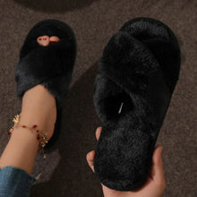 Load image into Gallery viewer, Cross Warm Fluffy Furry Slippers Women Lightweight Flat Heels Fur Slides Woman Autumn Winter Open Toe Non Slip Home Floor Shoes