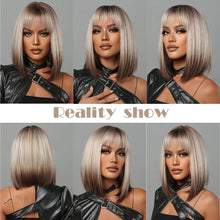Load image into Gallery viewer, Short Straight Synthetic Wigs for Women Blonde to Brown Ombre Bob Wigs with Bangs Daily Cosplay Party Heat Resistant Fake Hair