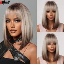 Load image into Gallery viewer, Short Straight Synthetic Wigs for Women Blonde to Brown Ombre Bob Wigs with Bangs Daily Cosplay Party Heat Resistant Fake Hair