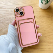 Load image into Gallery viewer, Luxury Plating Silicone Card Slot Holder Case For iPhone 14 12 13 Pro Max Elegant Women Soft Wallet Shockproof Cover Soft Bumper Beautiful Shiny Color Smartphone Case For Women