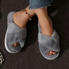 Load image into Gallery viewer, Cross Warm Fluffy Furry Slippers Women Lightweight Flat Heels Fur Slides Woman Autumn Winter Open Toe Non Slip Home Floor Shoes