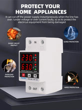 Load image into Gallery viewer, Dual Display 40A 63A 230V Din Rail Adjustable digital Over Under Voltage Relay Surge Protector Limit Over Current Protection