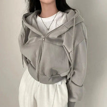 Load image into Gallery viewer, Women’s Y2K Zip Up Hoodie – Solid Color Oversized Crop Sweatshirt with Hood, Harajuku Streetwear Casual Jacket