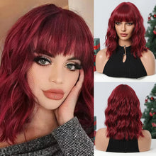 Load image into Gallery viewer, Short Wavy Wine Red Synthetic Wigs for Women Curly Lolita Wigs With Bangs Shoulder Length Wigs Natural Looking Daily Cosplay