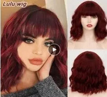 Load image into Gallery viewer, Short Wavy Bob Wigs with Bangs for Women Short Bob Curly Wig Synthetic Hair Wavy Wigs Heat Resistant Fiber Wig