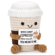Load image into Gallery viewer, Funny Crochet Emotional Support Coffee Doll With Card Desktop Ornament Handmade Knitted Coffee Dolls Christmas Gifts Home Decor