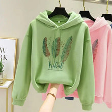Load image into Gallery viewer, Women’s Feather Print Hoodie – Plus Velvet Loose Sweatshirt for Autumn & Winter Casual Wear