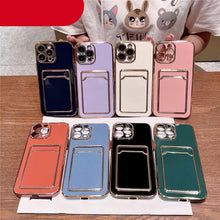 Load image into Gallery viewer, Luxury Plating Silicone Card Slot Holder Case For iPhone 14 12 13 Pro Max Elegant Women Soft Wallet Shockproof Cover Soft Bumper Beautiful Shiny Color Smartphone Case For Women
