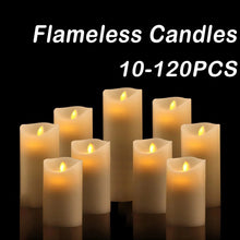 Load image into Gallery viewer, 10-120pcs Flameless LED Flickering Pillar Candles – Battery-Operated, Safe, and Reusable for Weddings, Parties, and Home Décor