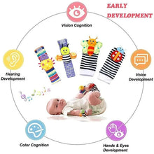 Load image into Gallery viewer, 4 PCS Baby Rattle Toy Set Soft Animal Socks & Wrist Straps for Newborns 0–12 Months Educational Plush Toys