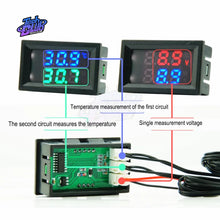Load image into Gallery viewer, DC 4-28V 5V 12V 0.28 inch LED Display Dual Voltmeter Digital Temperature Sensor Thermometer With NTC 10K 3950 Probe Cable