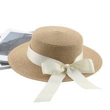 Load image into Gallery viewer, Elegant Adult Bucket Hat Beach Summer Straw Hats for Women Beach Sun Straw Hat Wide Luxury Comfortable Hat Flat Top Ribbon Bowknot Elegant Luxury Women Summer Hat 56-58cm