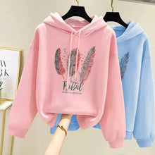 Load image into Gallery viewer, Women’s Feather Print Hoodie – Plus Velvet Loose Sweatshirt for Autumn & Winter Casual Wear