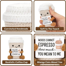 Load image into Gallery viewer, Funny Crochet Emotional Support Coffee Doll With Card Desktop Ornament Handmade Knitted Coffee Dolls Christmas Gifts Home Decor