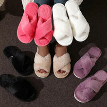 Load image into Gallery viewer, Cross Warm Fluffy Furry Slippers Women Lightweight Flat Heels Fur Slides Woman Autumn Winter Open Toe Non Slip Home Floor Shoes