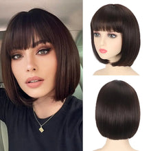 Load image into Gallery viewer, Short hair synthetic wig with side parting, locks around the collarbone, hair made of high-temperature fibers, full head cover.