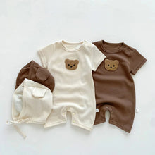 Load image into Gallery viewer, New In Summer Kids Baby Girls Boys Short Sleeve Waffle Patch Bear Infant Newborn Jumpsuits Cotton Romper Gift Hat with Ear