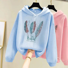 Load image into Gallery viewer, Women’s Feather Print Hoodie – Plus Velvet Loose Sweatshirt for Autumn & Winter Casual Wear