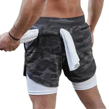 Load image into Gallery viewer, Men’s 2-in-1 Camo Running Shorts — Quick-Dry Gym Fitness Training Shorts with Inner Compression Layer for Summer Workouts