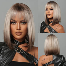 Load image into Gallery viewer, Short Straight Synthetic Wigs for Women Blonde to Brown Ombre Bob Wigs with Bangs Daily Cosplay Party Heat Resistant Fake Hair